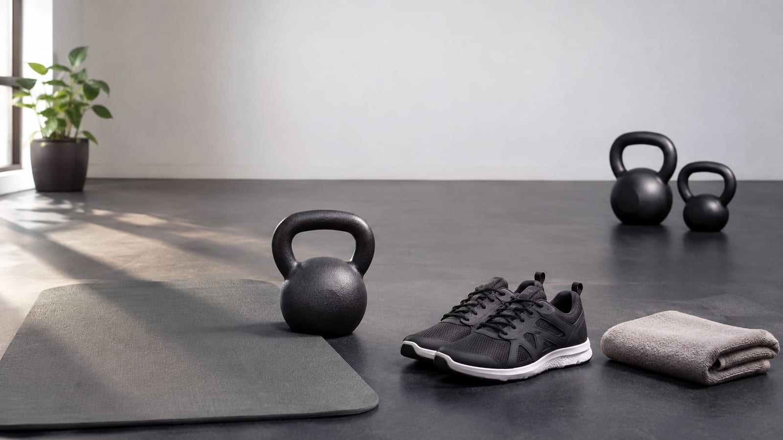 Unlabeled kettlebells, exercise mat, sturdy shoes, and towel arranged for strength training