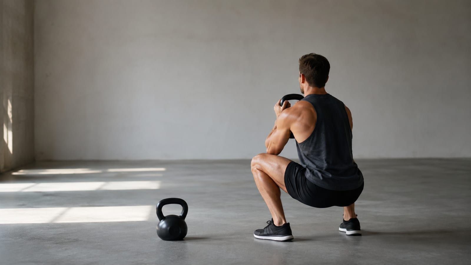 Athlete performing a full-body kettlebell circuit with controlled strength-focused movement