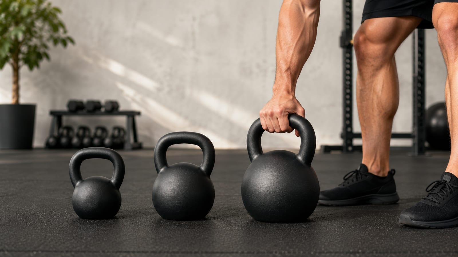 Athlete comparing progressively heavier unmarked kettlebells before a structured workout