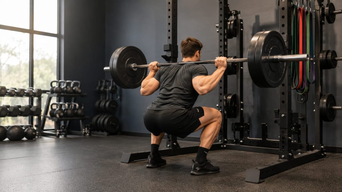 Lifter performing a controlled barbell squat beside organized strength-training equipment