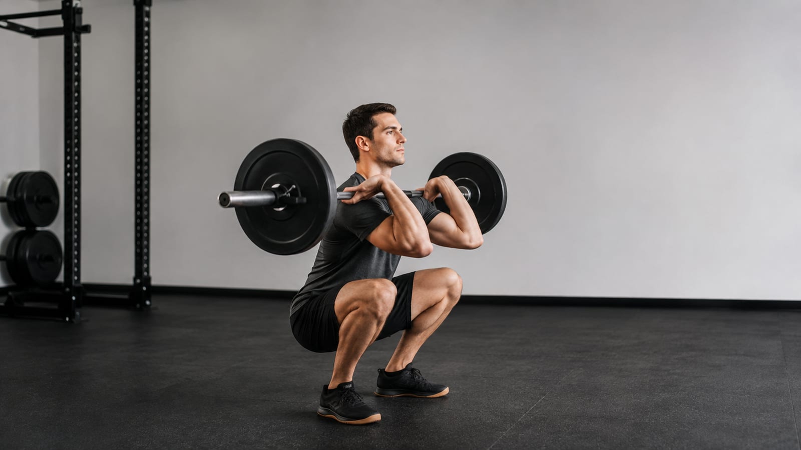 Athlete demonstrating front squat technique with upright torso and secure bar position