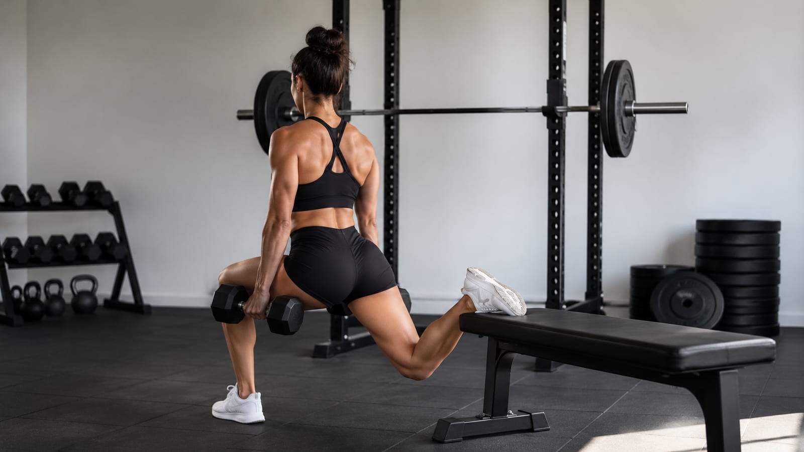 Strength athlete completing split squats near a rack during structured lower-body training