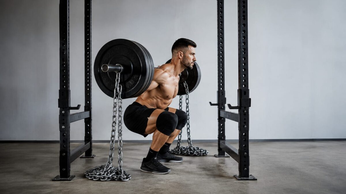 Lifter squatting with heavy chains hanging from a loaded barbell
