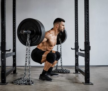 Lifter squatting with heavy chains hanging from a loaded barbell
