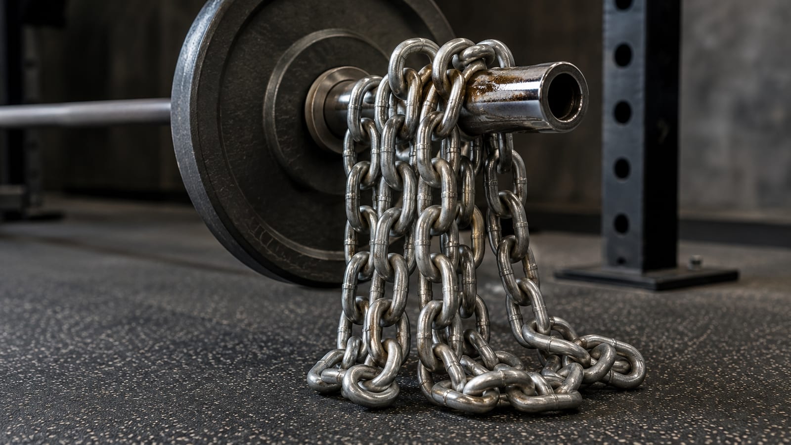 Close-up of metal training chains draped over a barbell sleeve