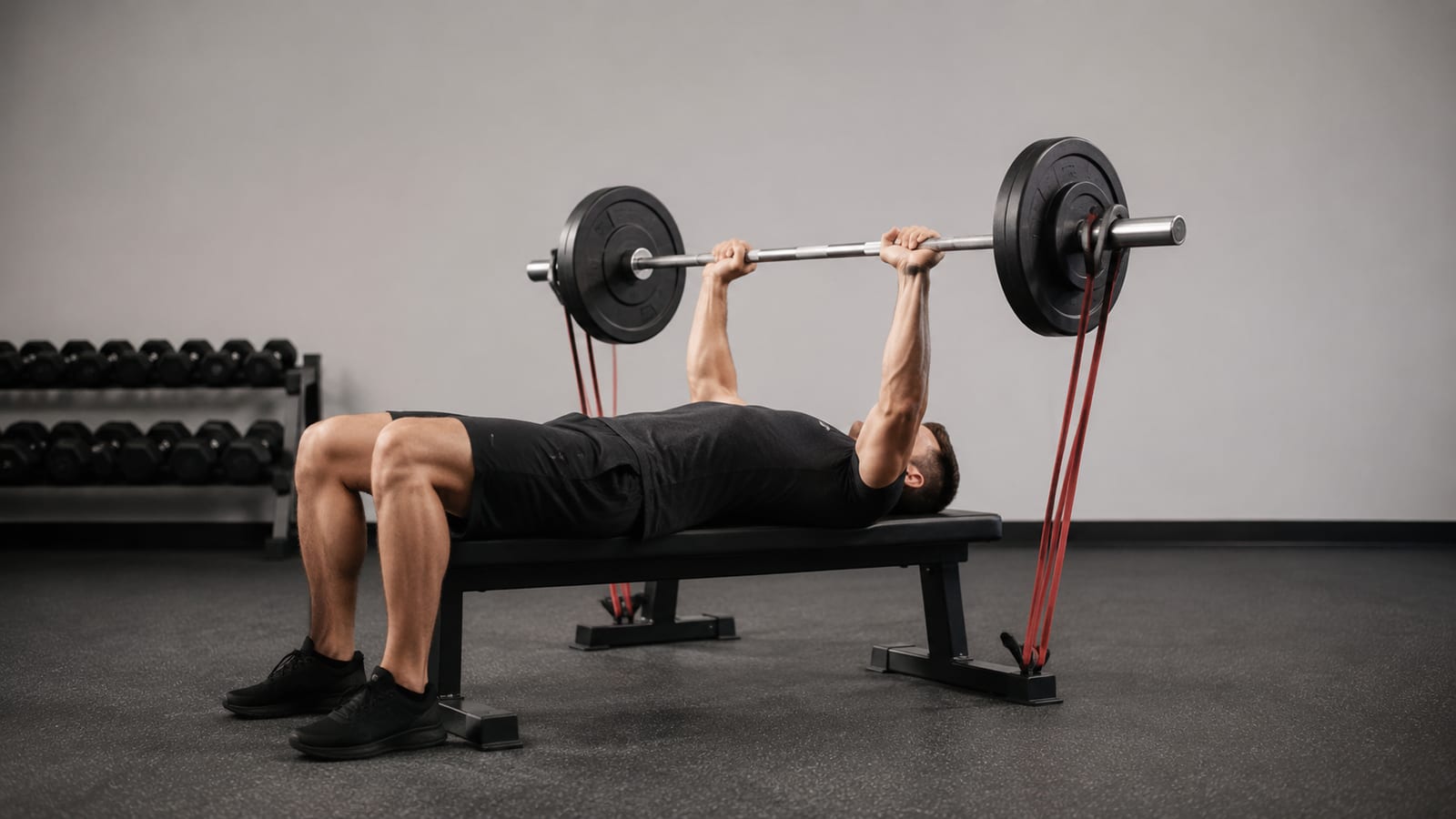 Side view of band-resisted bench press on a flat gym bench