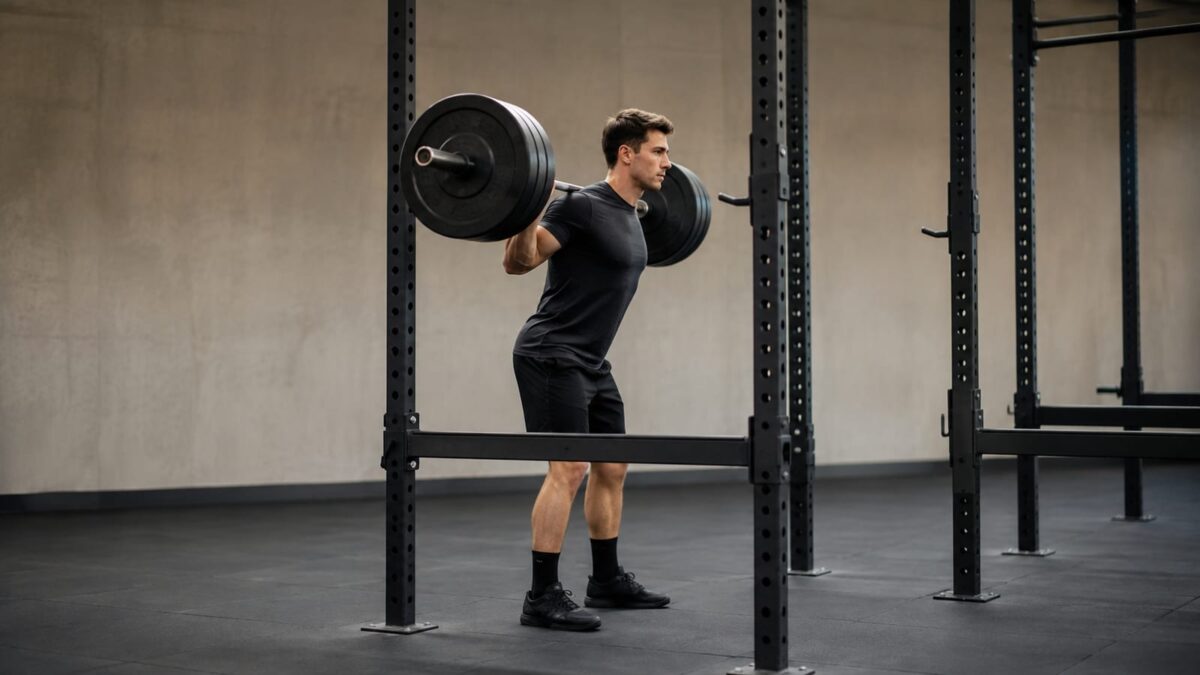 Athlete braced under loaded barbell for heavy squat in power rack