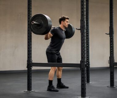 Athlete braced under loaded barbell for heavy squat in power rack