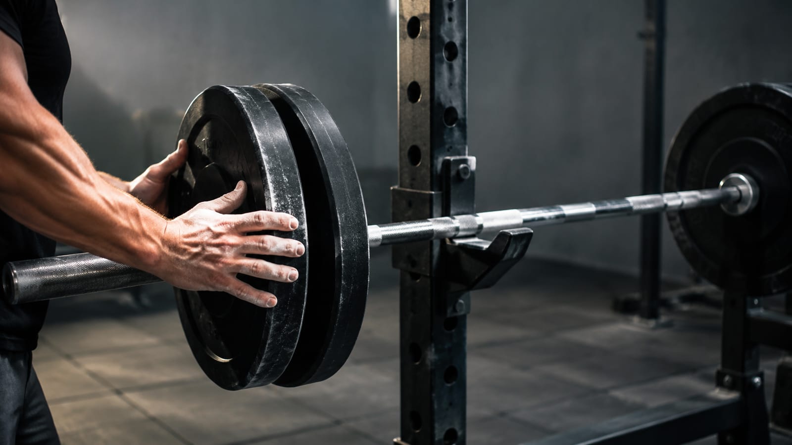 Hands loading iron plates onto barbell resting on squat rack