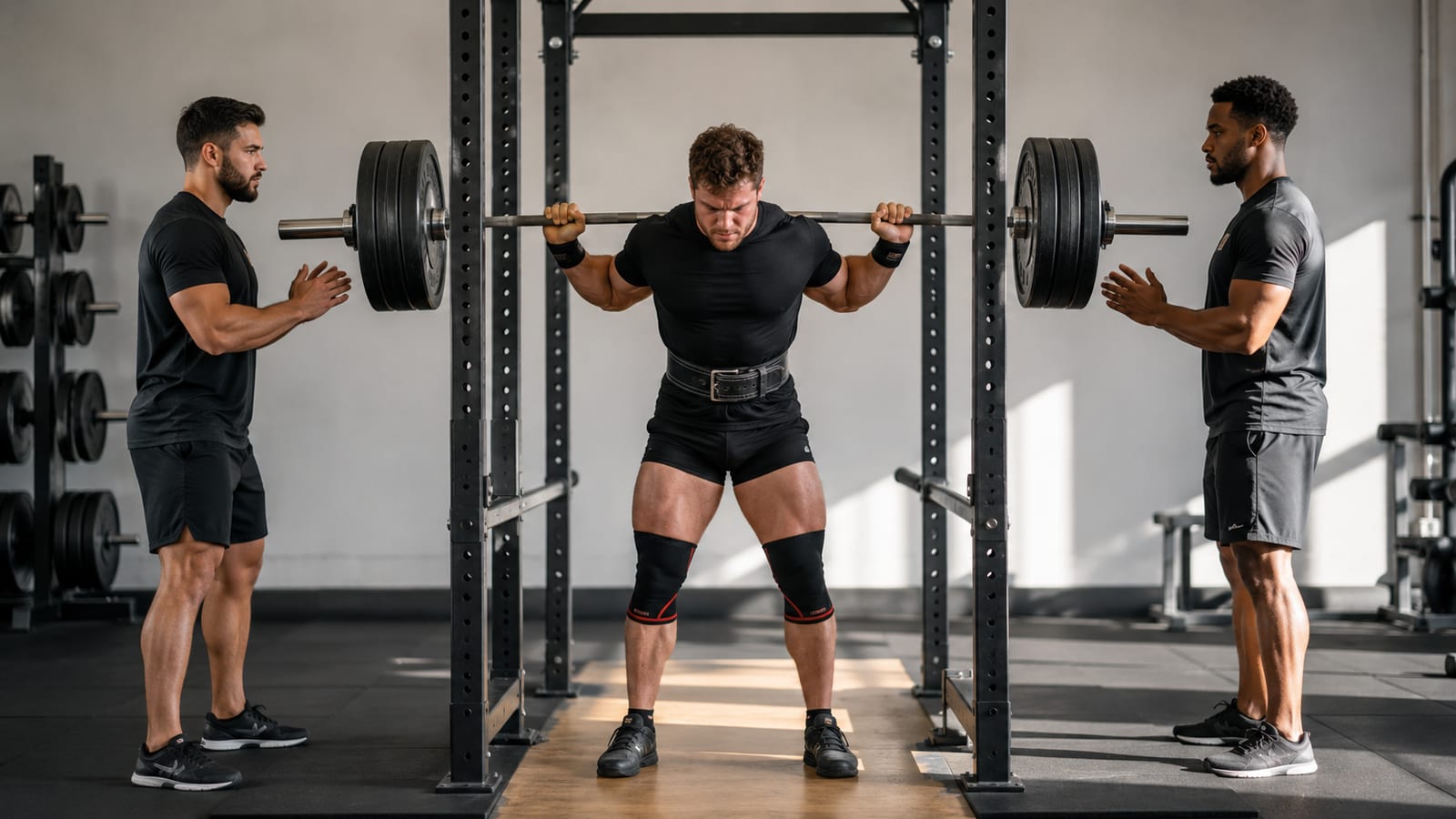 Spotters ready beside lifter unracking loaded barbell in power rack