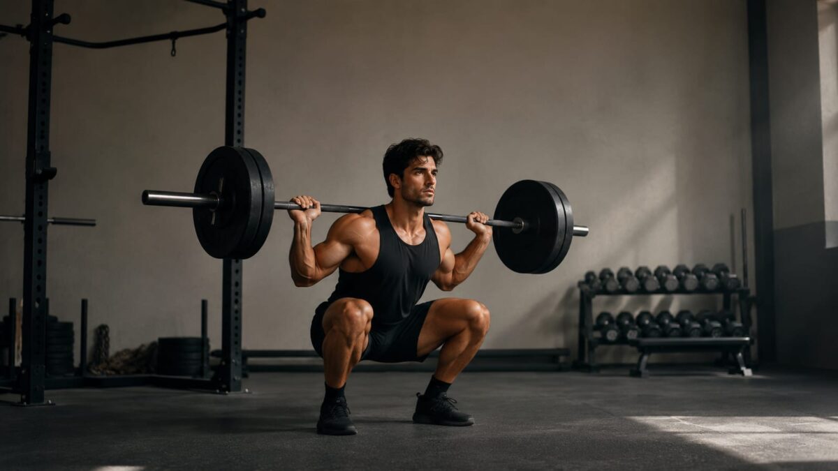 Natural lifter performing controlled barbell squats in a bright, realistic strength training gym