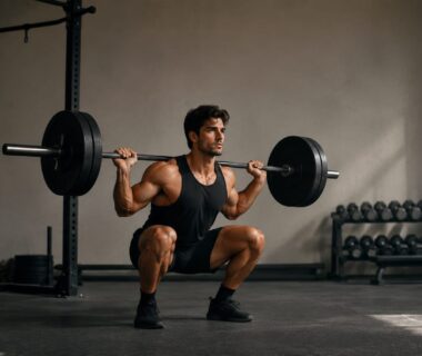 Natural lifter performing controlled barbell squats in a bright, realistic strength training gym