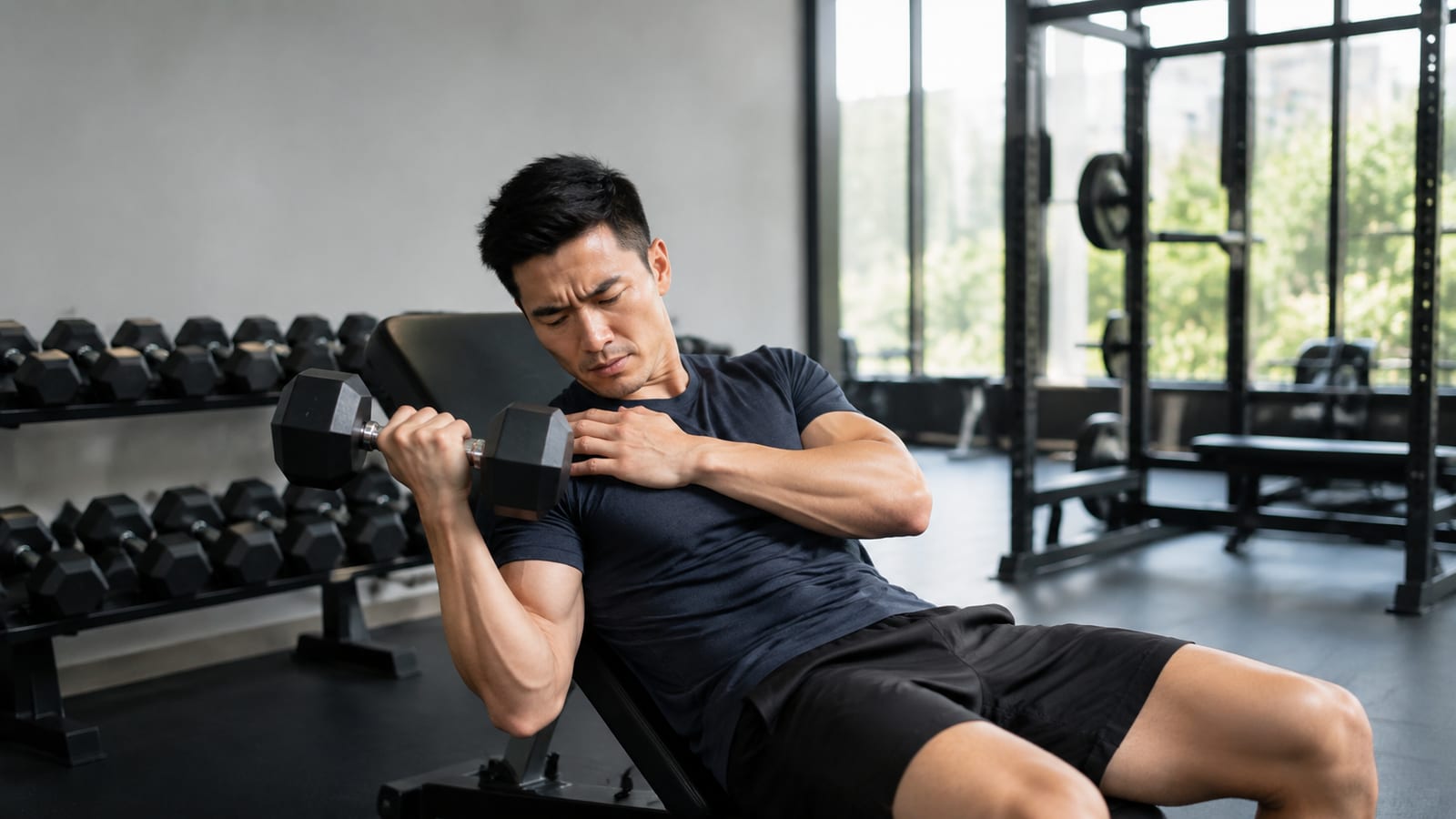 Lifter pausing during dumbbell exercise while assessing shoulder discomfort and maintaining careful technique