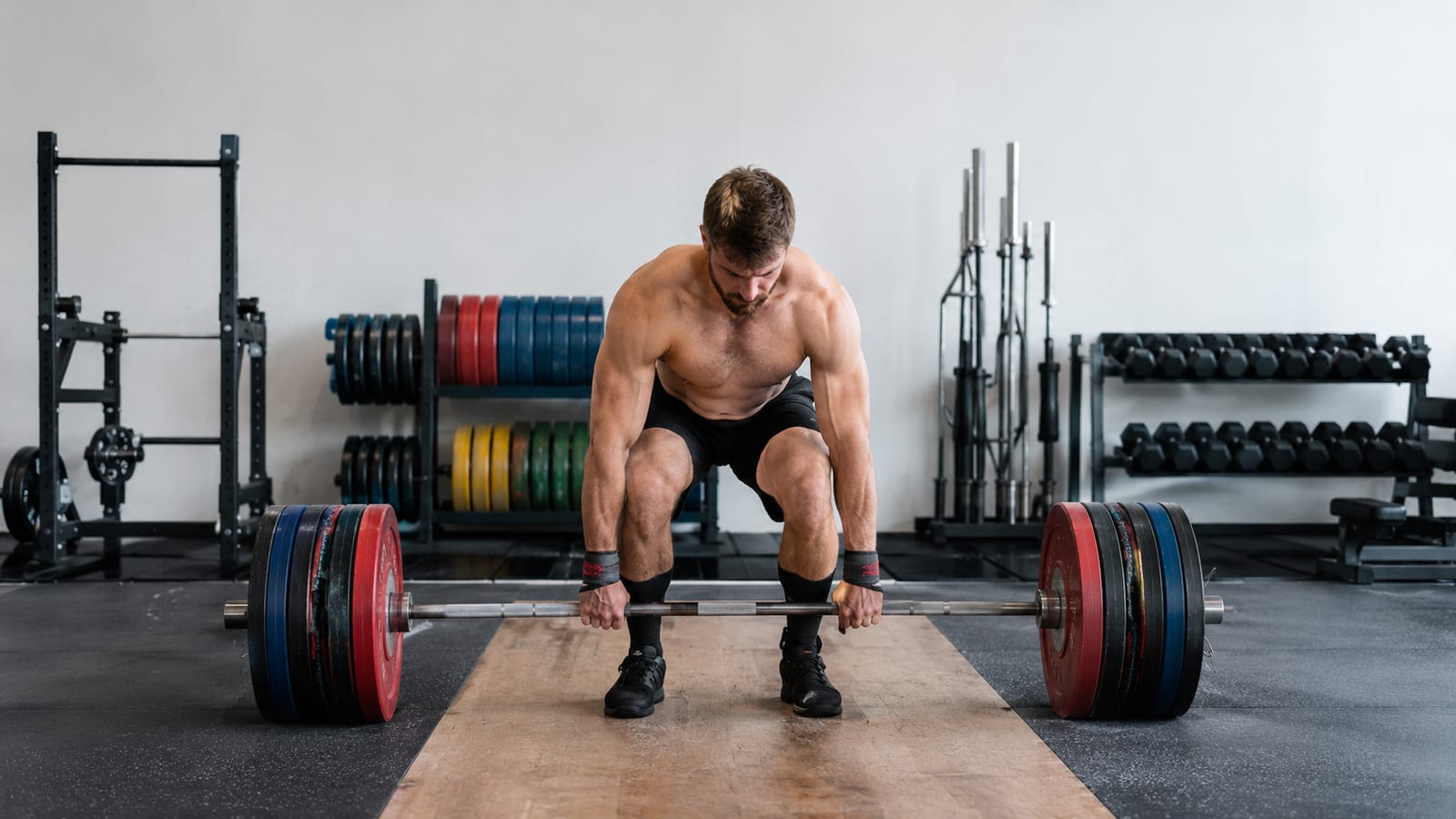 Natural lifter completing a challenging deadlift set beside neatly arranged barbells and weight plates