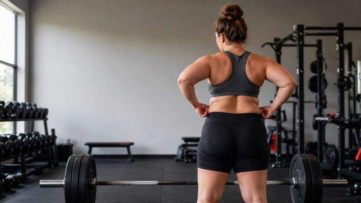 Natural lifter assessing a slightly soft midsection beside a loaded barbell in a bright gym