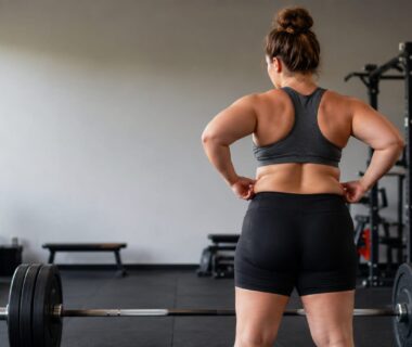 Natural lifter assessing a slightly soft midsection beside a loaded barbell in a bright gym