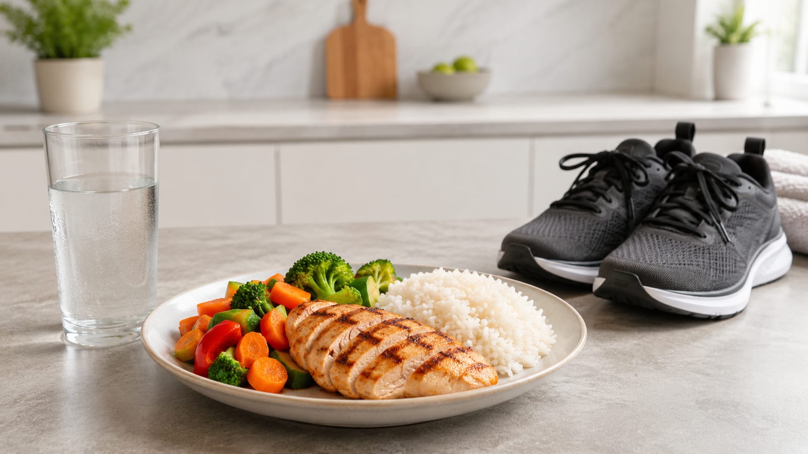 Balanced post-workout meal with grilled protein, rice, vegetables, and water beside gym shoes