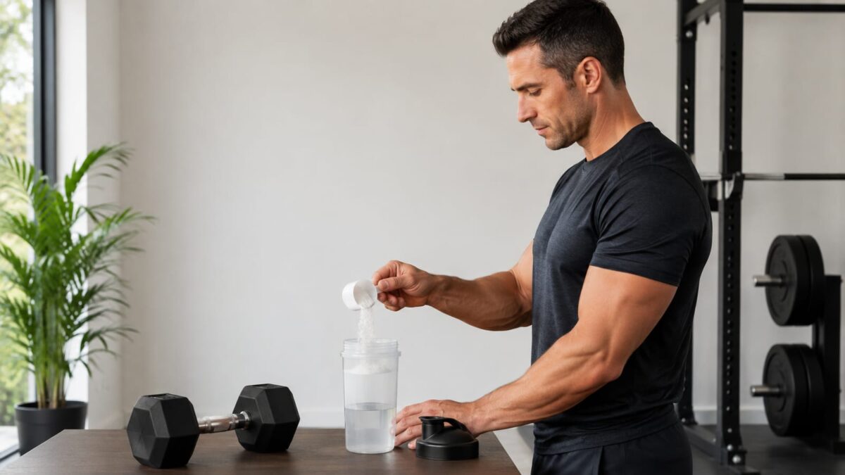 Athlete pouring plain white powder into a clear shaker bottle
