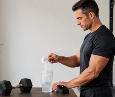 Athlete pouring plain white powder into a clear shaker bottle