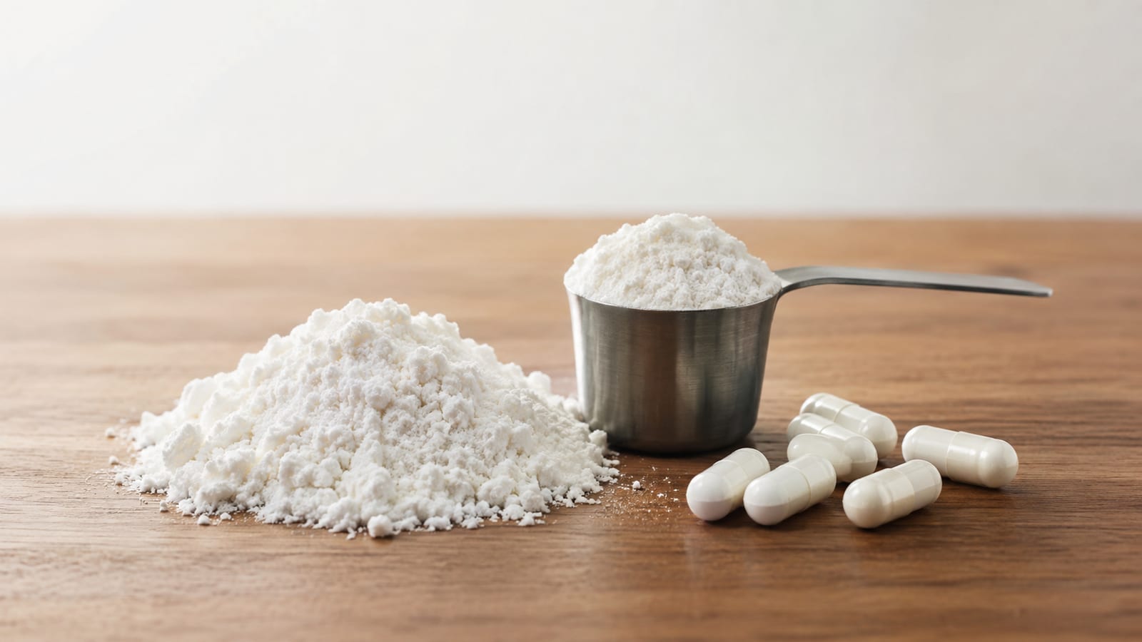 Unlabeled white powder scoops and plain capsules on wooden counter