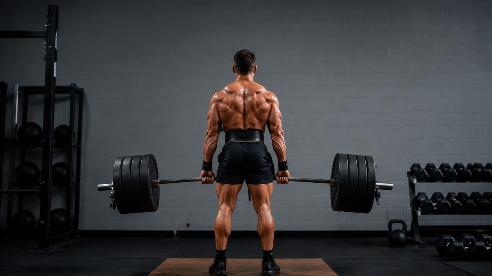 Lifter from behind finishing a heavy barbell deadlift set