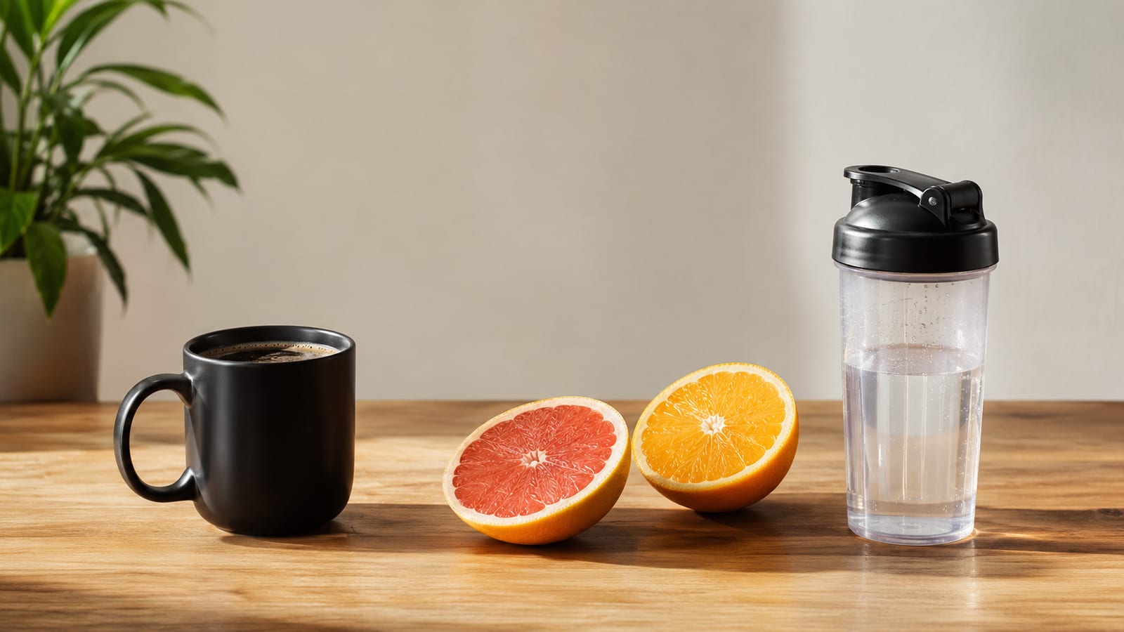 Plain shaker beside black coffee and citrus on wooden table