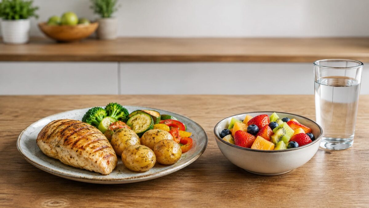 High-protein cutting meal with vegetables, potatoes, and lean meat prepared in a bright kitchen