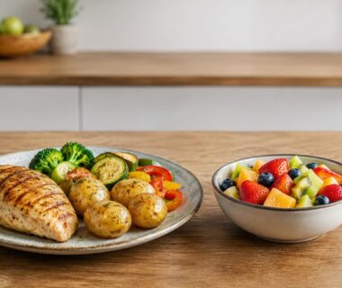 High-protein cutting meal with vegetables, potatoes, and lean meat prepared in a bright kitchen
