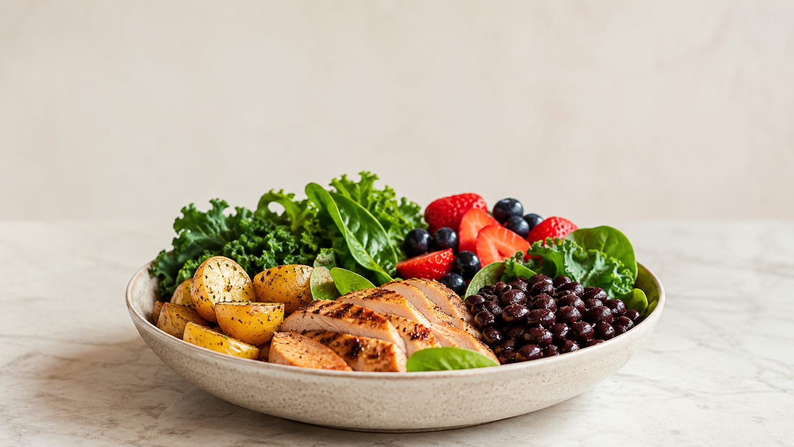 Large satisfying bowl of vegetables, lean protein, potatoes, and berries for managing cutting hunger