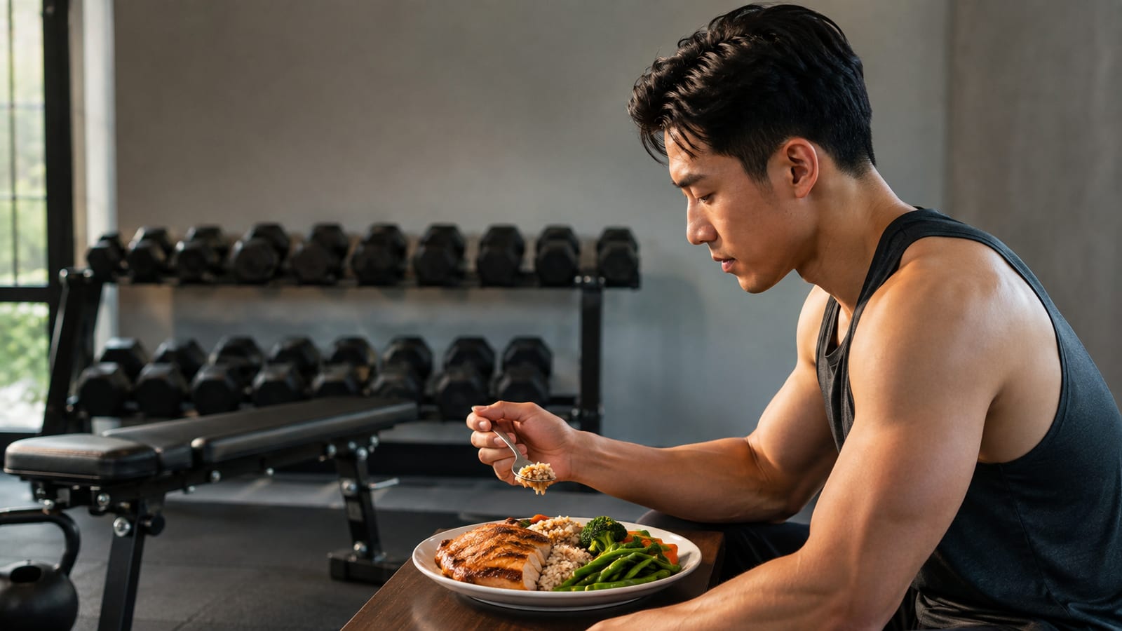 Strong athlete enjoying a balanced recovery meal after training while maintaining lean physique goals