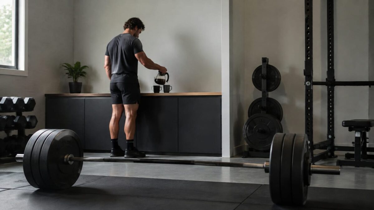 Strength athlete preparing plain black coffee beside a barbell before training in a home gym