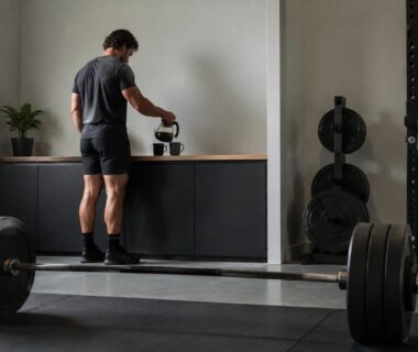 Strength athlete preparing plain black coffee beside a barbell before training in a home gym