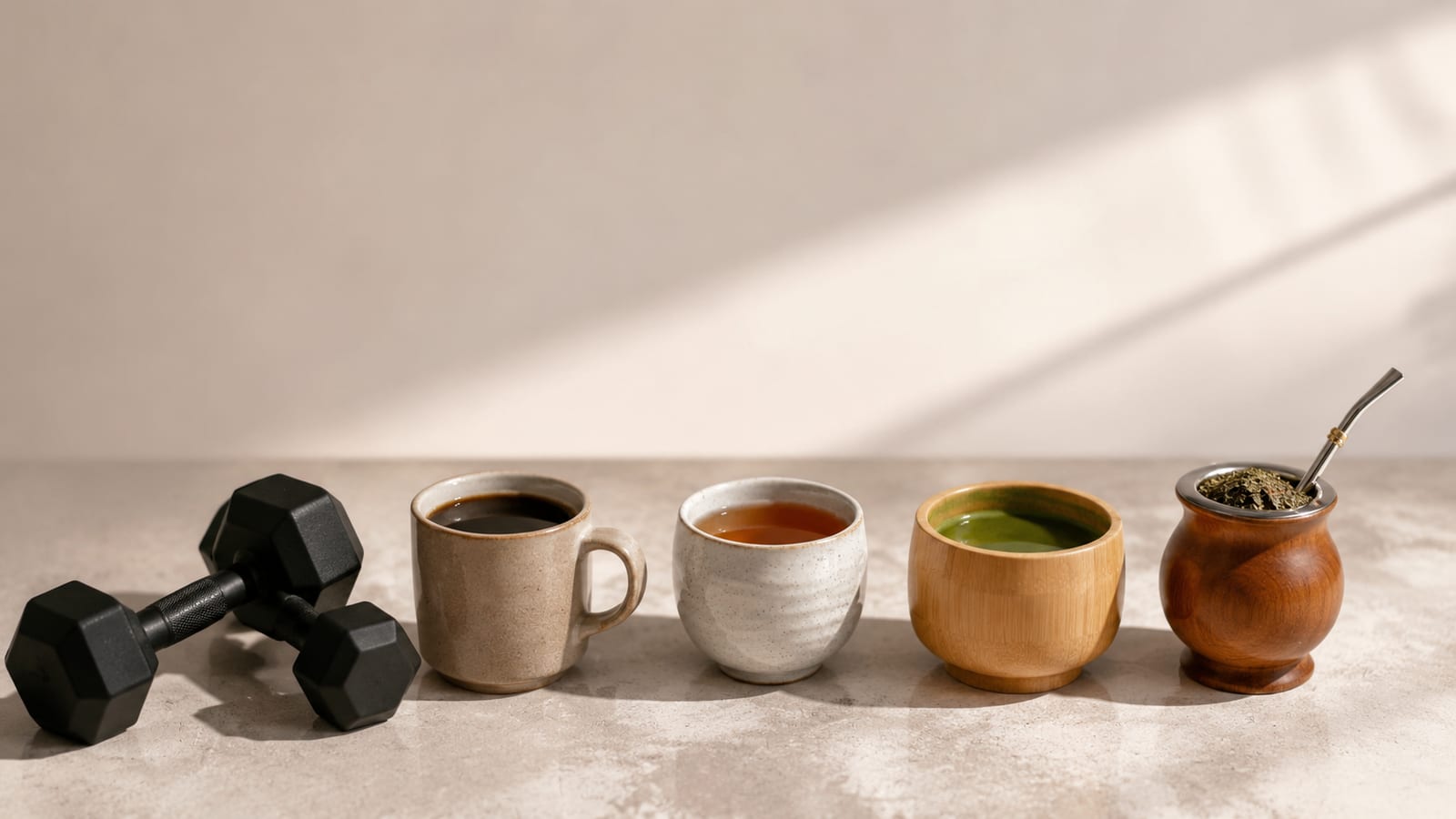 Plain coffee, tea, matcha, and yerba mate arranged beside dumbbells for a natural caffeine comparison