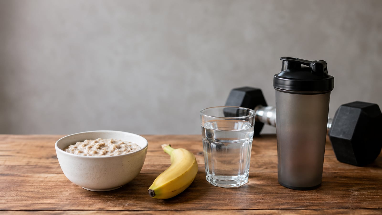 Oatmeal, banana, and water arranged beside a shaker and dumbbells for pre-workout fuel