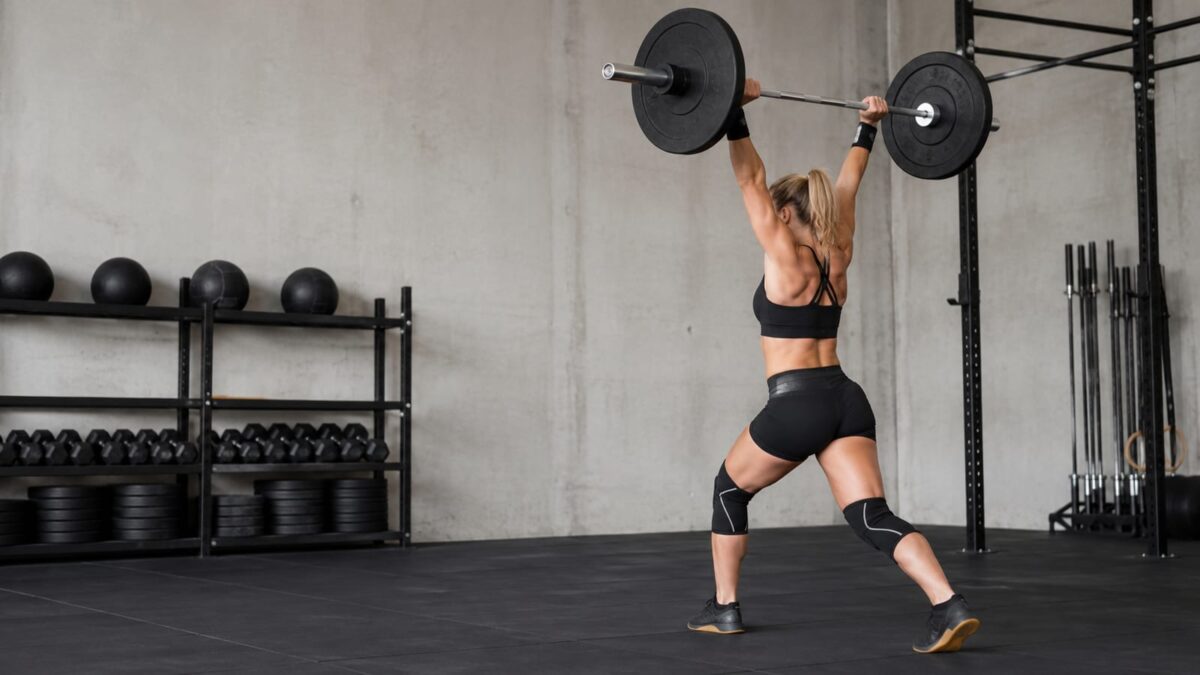 CrossFit athlete completing a demanding barbell workout in a focused training gym
