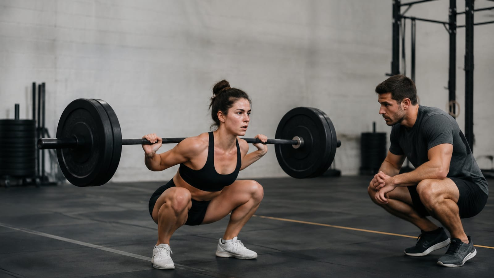 Fatigued athlete maintaining controlled squat technique during a challenging CrossFit workout