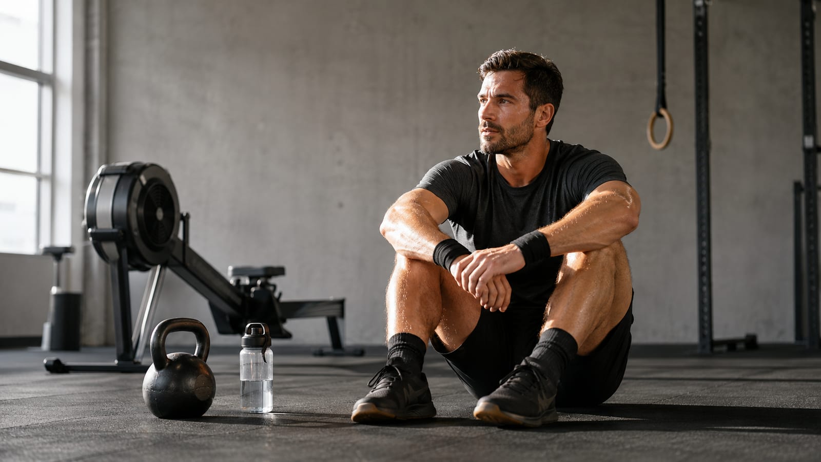 CrossFit athlete recovering between intervals beside kettlebells in a calm training gym