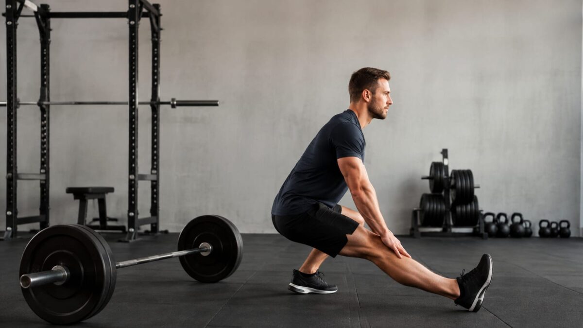Athlete performing a controlled hamstring stretch beside a loaded barbell in a bright gym