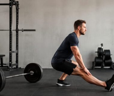 Athlete performing a controlled hamstring stretch beside a loaded barbell in a bright gym