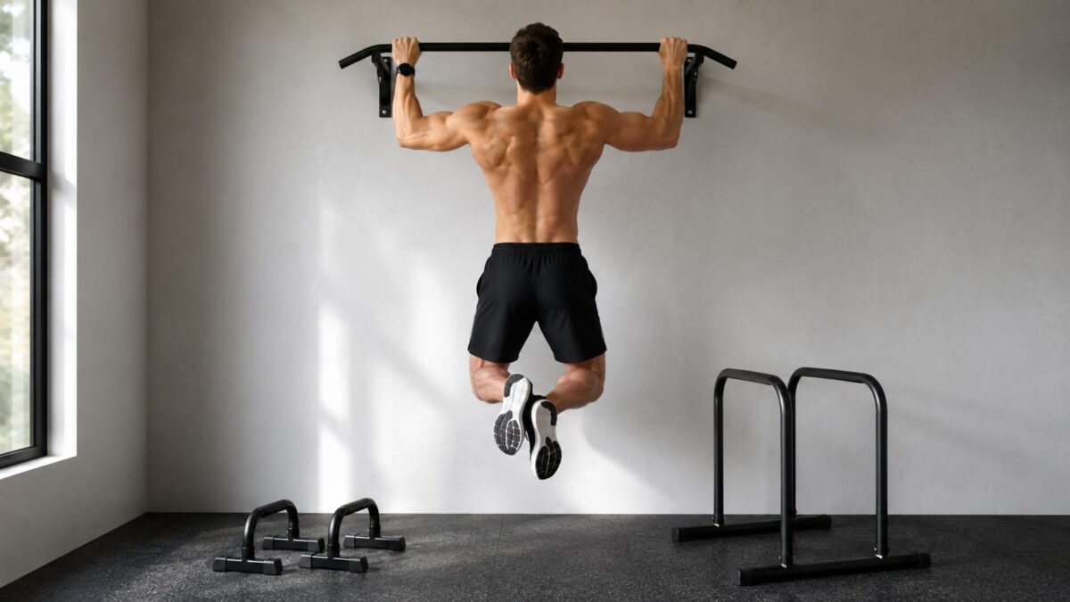 Athlete performing controlled pull-ups on a sturdy bar during a focused calisthenics workout