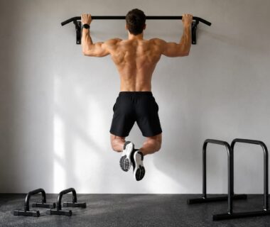 Athlete performing controlled pull-ups on a sturdy bar during a focused calisthenics workout