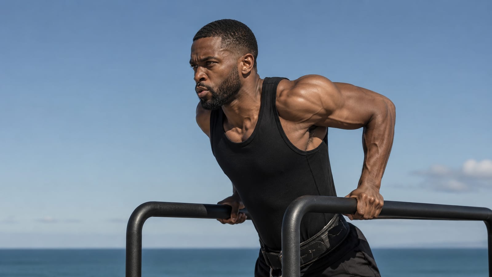 Athlete practicing weighted dips and pull-ups to progressively overload upper-body muscles