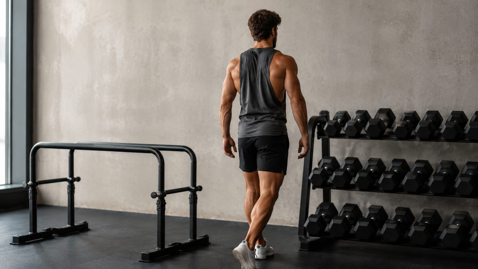 Athlete comparing bodyweight exercises with dumbbell training in a practical gym setting