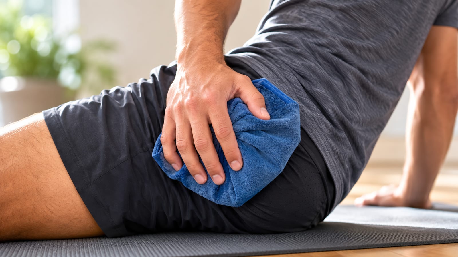 Hands placing cloth-wrapped ice pack on strained glute area