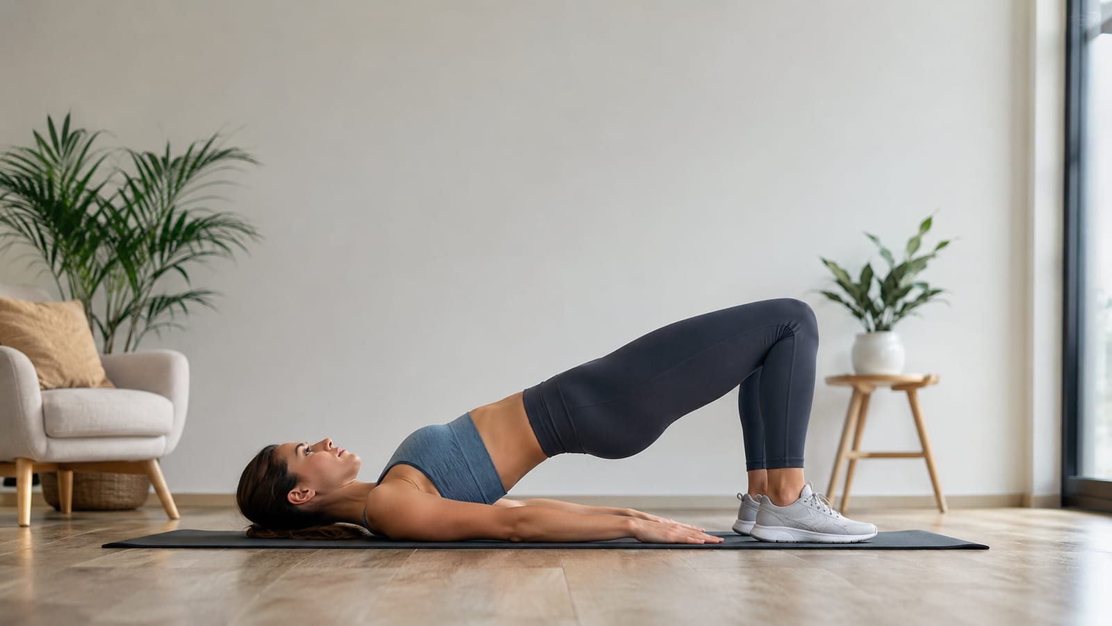Athlete holding gentle glute bridge exercise for muscle recovery