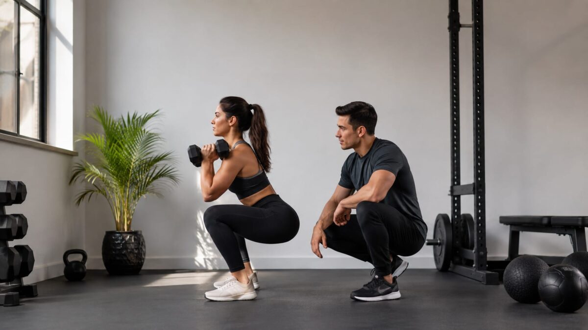 Adult performing controlled resistance exercise with supportive trainer in a bright home gym
