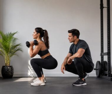 Adult performing controlled resistance exercise with supportive trainer in a bright home gym