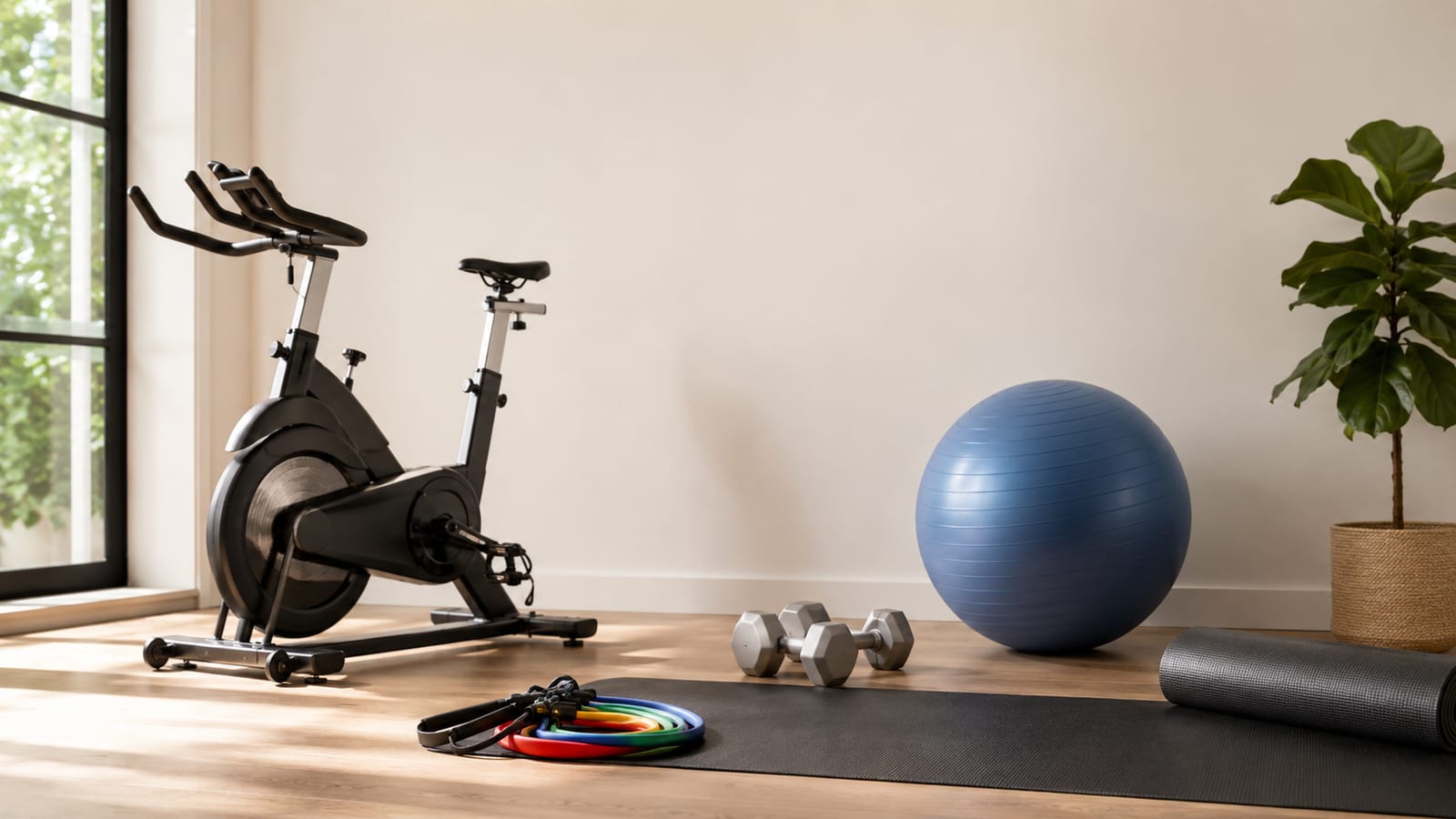 Low-impact cycling, resistance bands, and stability equipment arranged for gentle training
