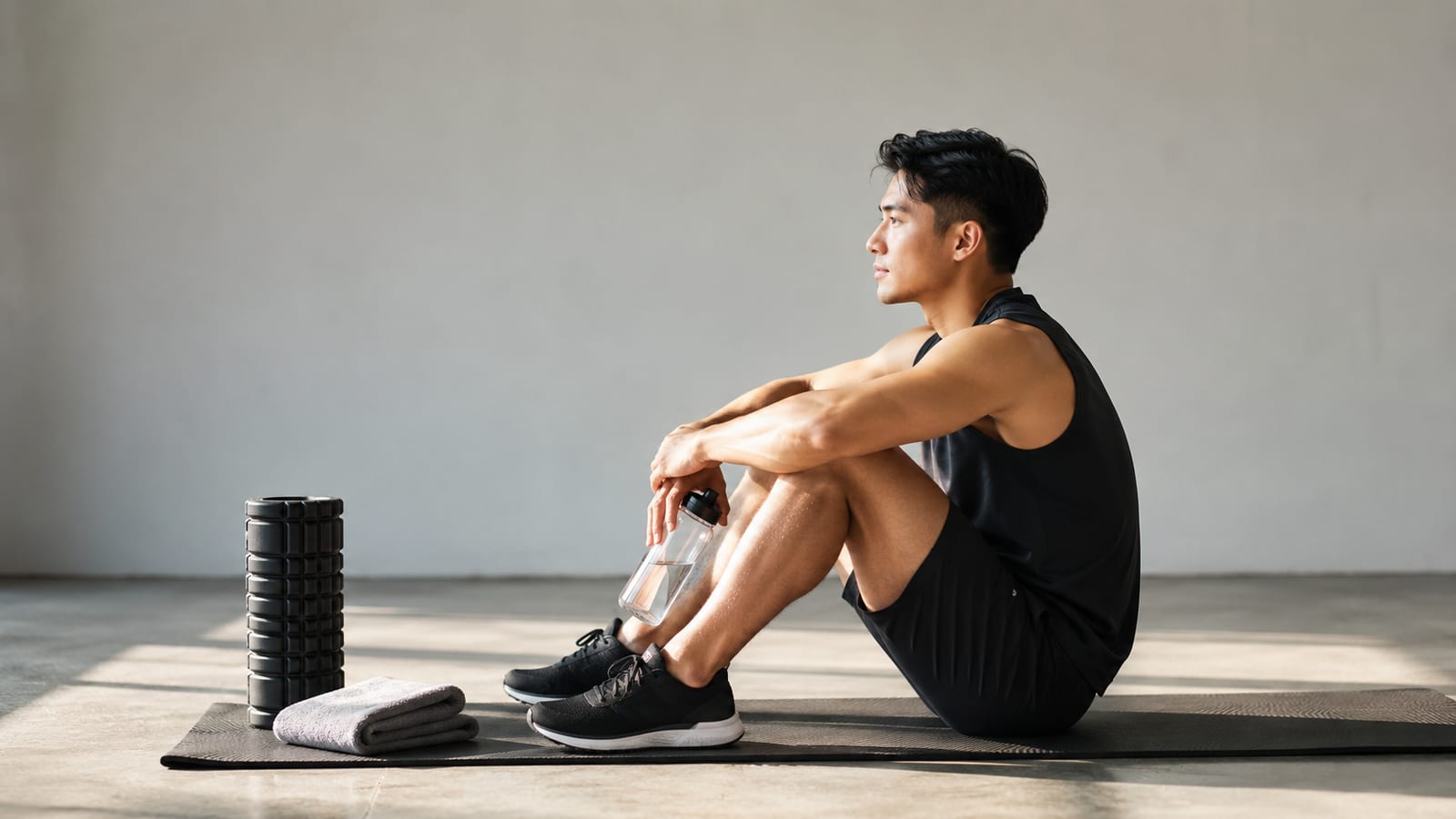 Person resting after gentle exercise beside water and recovery equipment at home