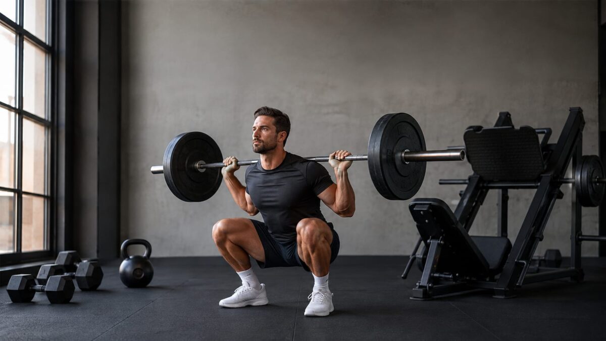 Athlete performing controlled barbell squat beside neatly arranged alternative lower-body exercises in modern gym